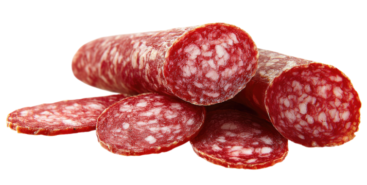 Close-up of sliced salami.  Stacked salami slices with a visible marbled texture of red and light-gray.  Slices are  evenly cut, and the salami shows a slightly firm, cured appearance