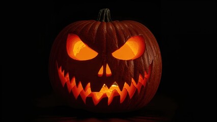A lit pumpkin with a scary expression, glowing in the dark to create a haunting ambiance.