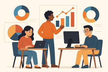 Business data analysis teamwork concept. Diverse office workers using laptop and desktop computer, presenting bar charts, pie graphs, statistics. Flat vector illustration.