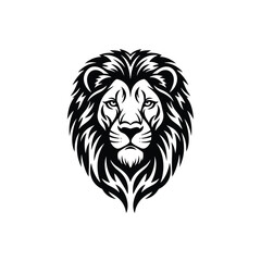 Obraz premium A stylized, black and white vector illustration of a lion's head with a prominent mane, facing forward.