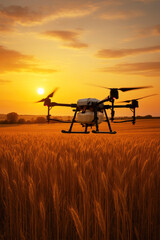 Fototapeta premium Agricultural drone flying over golden wheat field at sunset agriculture