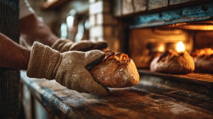 Hands of baker pulling freshly baked bread out of oven with oven mitts in rustic kitchen setting.