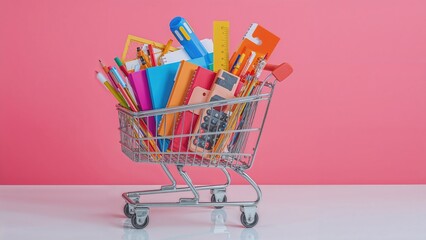 Shopping trolley holding stationery and work supplies. Academic shopping concept. Education focused. Clear, high-quality picture