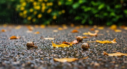 Snails Crawling on Wet Pavement in Rain with Fallen Leaves