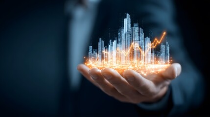 Hand  Holding a glowing cityscape  Glowing lines and upward trend graph