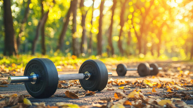 Two black dumbbells with metal handles and black rubber weights on a path covered with fallen leaves in a park during sunset.