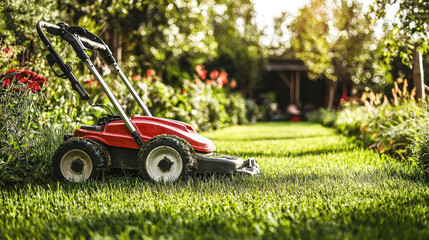 Fototapeta premium A red and black lawn mower in a well-maintained garden with green grass and flowers.