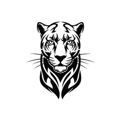 A stylized black and white illustration of a jaguar's head, featuring tribal-inspired patterns and a fierce expression.