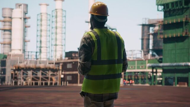 Skilled petroleum engineer wearing protective safety gear. Monitoring complex refinery infrastructure during industrial production process