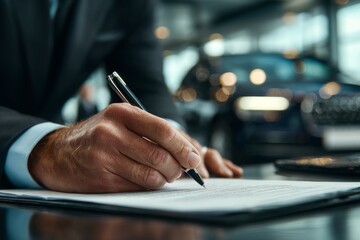 Professional Businessman Signing Documents in Car Showroom with Luxury Vehicles in Background in Modern Environment