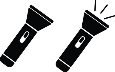 Hand torch flashlight set, black vector collection of electric lantern group in flat style, portable light, battery lamp, emergency beam outline, glowing tool icon bundle