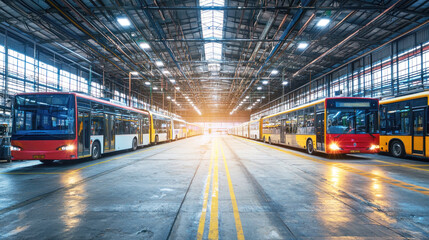 A long, narrow, industrial-style bus garage with multiple buses lined up in rows, each with its own unique color scheme.