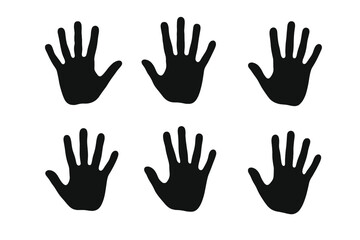 Set of six black human handprint silhouettes, open palm raised hand gesture isolated on white background, stop sign, volunteer symbol, diversity inclusion concept vector illustration