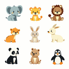Colorful flat vector cartoon animal silhouettes collection – cute wild, domestic, aquatic, jungle, fantasy, and forest animals in minimalist kid-friendly style on white background