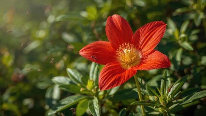 A vivid red star-shaped flower attracting nectar-feeding insects and ants