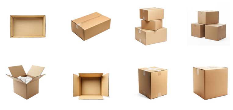 Various cardboard boxes in different sizes and orientations.