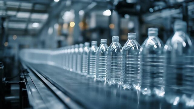 Plastic water bottle production line factory with clear plastic bottles moving on conveyor belt showcasing modern industrial manufacturing process