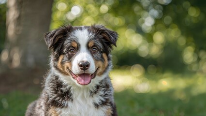 Fototapeta premium Lovely blue merle border collie facing camera, portrait photo with room for text