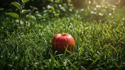 Ripe apple placed on green grass