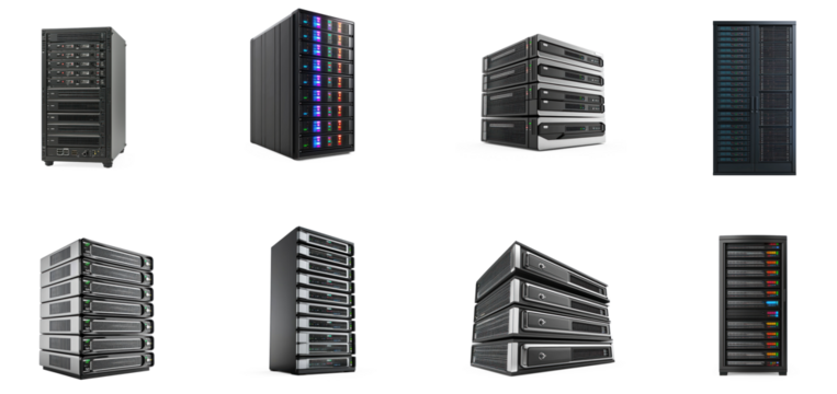A collection of server racks in various sizes and configurations.