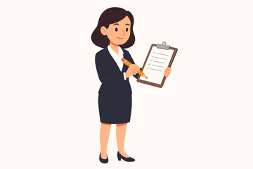 Professional businesswoman holding clipboard checklist taking notes. Female office worker writing list. Corporate woman concept vector cartoon illustration