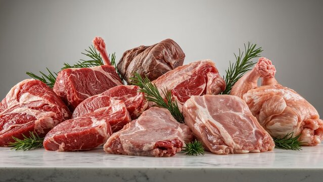 Selection of different kinds of meat including beef, lamb, veal, mutton, and chicken