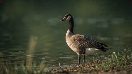 Obraz premium A wild goose resting beside a calm lake