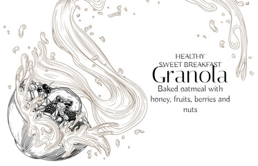 Vector illustration of a portion of granola with milk. Oatmeal with nuts, berries and fruits. Healthy breakfast banner. Cafe card	