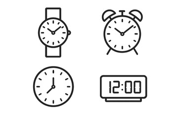 Outline clock icon set featuring wristwatch, analog wall clock, alarm clock and digital time display. Simple line collection, editable stroke vector on transparent background