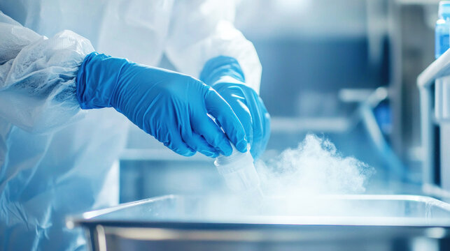A scientist in a lab coat and gloves is handling a container of liquid nitrogen in a laboratory setting. - Powered by Adobe