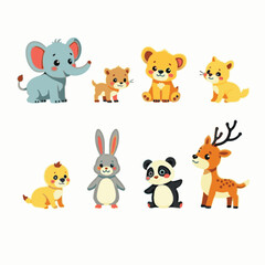Colorful flat vector cartoon animal silhouettes collection &ndash; cute wild, domestic, aquatic, jungle, fantasy, and forest animals in minimalist kid-friendly style on white background