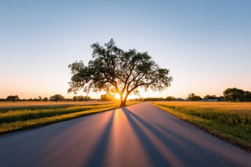 Fototapeta premium Majestic tree stands alone on a winding road at sunset, casting long shadows across the asphalt, creating a serene and tranquil landscape scene