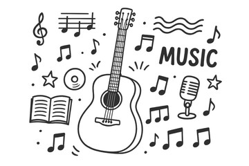 Hand drawn acoustic guitar microphone musical notes doodle vector illustration. Music education symbols, songwriting book, CD icon, treble clef, staff, stars, black outline clipart