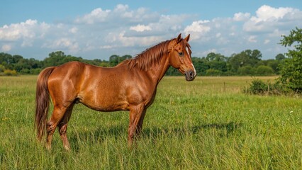 Obraz premium A lone chestnut horse grazes in a sunny field.