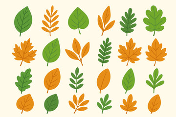 Autumn leaf collection vector bundle. Nature design elements set. Various green orange foliage shapes. Fall season botanical illustration. Decorative leaves graphics pack
