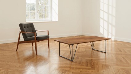 Fototapeta premium Contemporary seating and table arrangement in a sunlit space