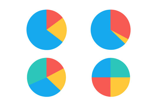 Colorful segmented pie chart set vector illustration, four infographic diagrams showing data distribution, transparent background for business finance reporting and marketing