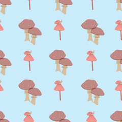 Whimsical Forest Seamless Vector Pattern with Mushrooms, Leaves and Woodland Animals