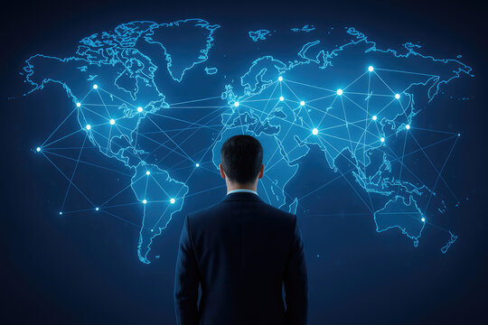 Businessman observing global digital network connections suit world map