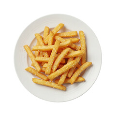 Overhead View of French Fries Sprinkled with Salt on a White Plate on Transparent Background