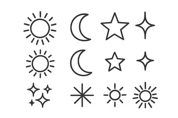 Sun moon star sparkle thin line icon set with radiating rays, crescent moon, outlined star, stroke celestial symbols, editable stroke vector isolated on transparent background