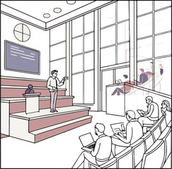 vector A  business person works on a computer in a modern office interior with a large window