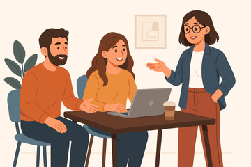 Business team meeting office collaboration teamwork casual attire colleagues discussing project presentation brainstorming modern workplace vector illustration