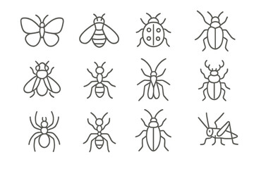 Minimal thin line icon set of insects and arachnids: butterfly, bee, ladybug, beetle, fly, ant, mosquito, stag beetle, spider. Simple outline vector symbols for app UI and charts
