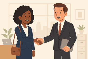 Business partnership handshake between diverse male and female professionals in modern office, corporate agreement, successful deal, career networking, collaboration concept, vector illustration