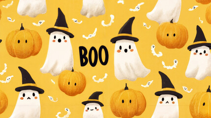 Cute Halloween wallpaper featuring adorable ghosts in witch hats with smiling pumpkins on a cheerful yellow background, perfect for cards, decorations, and playful celebrations.