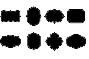 Vintage ornate label frames, black silhouette decorative borders, blank elegant retro badge shapes for branding design, logos, certificate templates, wedding invitations, packaging vector