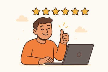 Customer satisfaction concept with happy person giving thumbs up and five star rating review feedback for excellent digital service online user experience