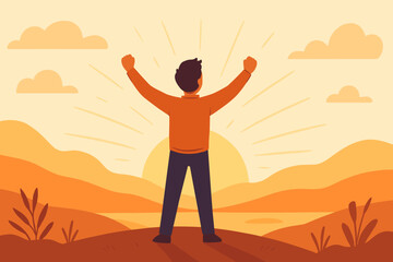 Personal victory triumph success concept. Person silhouette celebrating achievement winner mindset sunrise landscape. Motivation inspiration breakthrough goal vector