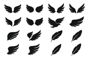 Black wing silhouette icon set, angel and bird wings, flying feather symbols, eagle, dove and phoenix feathered shapes, aviation emblem vector on transparent background